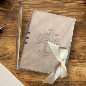 Elegant Suede Tan Organizer with Tree Design and Gold Pen NWOT